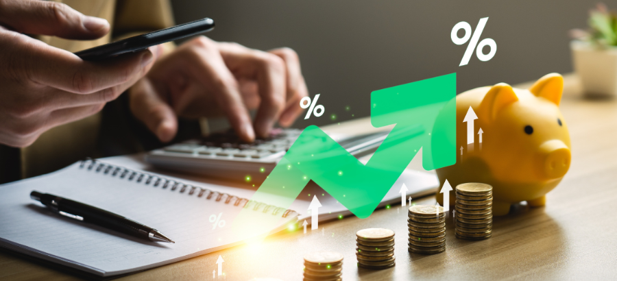 Piggy Bank with percentages and upward arrow}