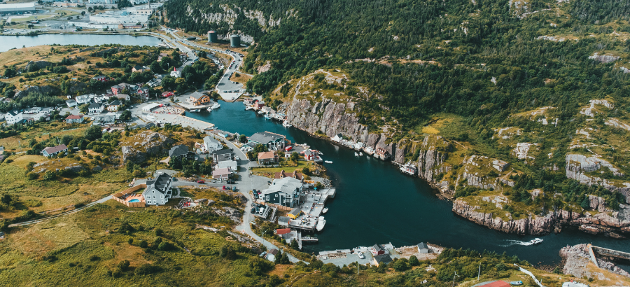 Birdseye view of a river and houses in Newfoundland and Labrador}