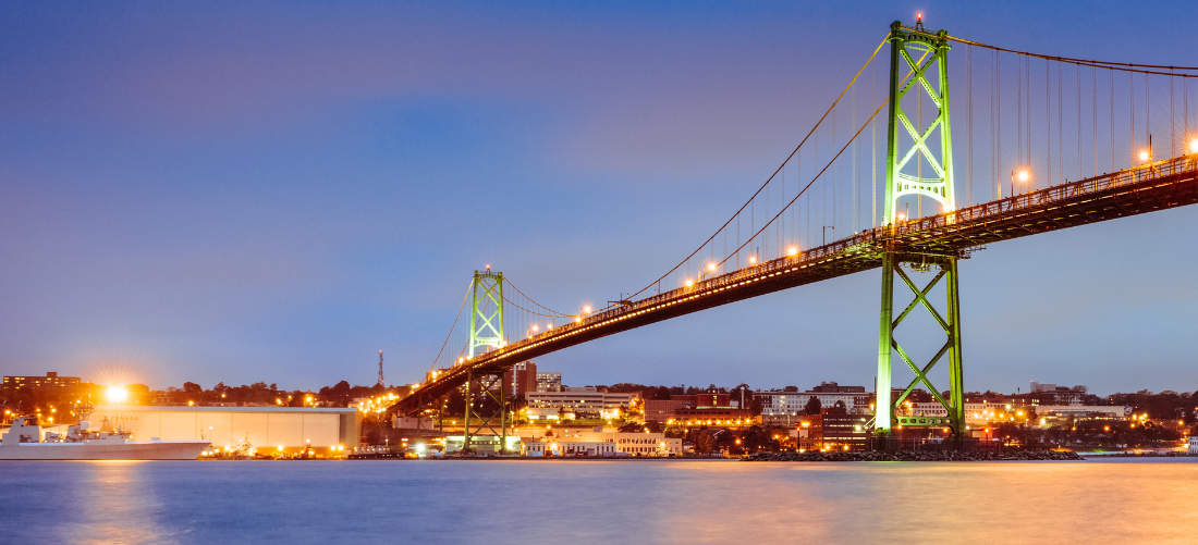 A Halifax harbour bridge lit up at night